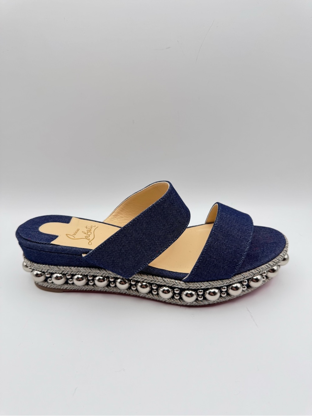Christian Louboutin Navy Denim Platform Sandals Silver Ball Trim Red Sole Sz 40